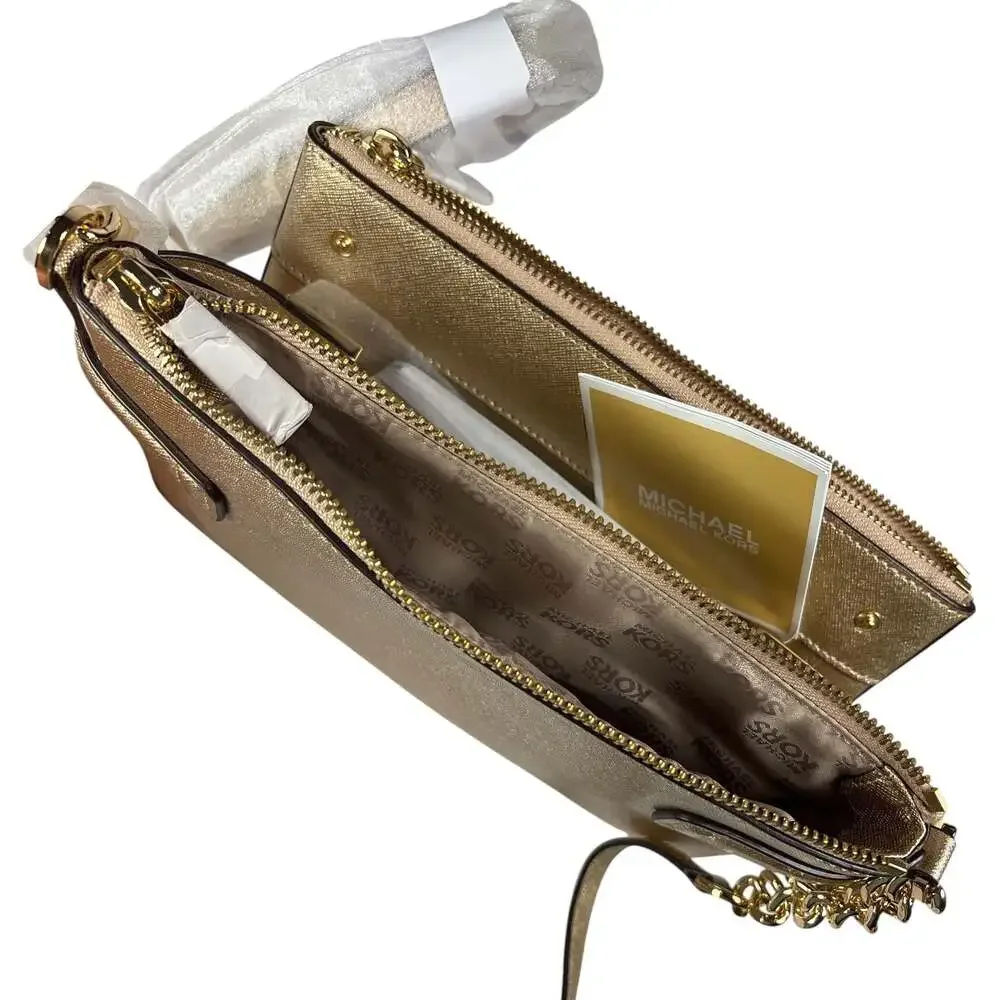 NWT Michael Kors Karla Leather East West Crossbody Bag Metallic Pale Gold Purse